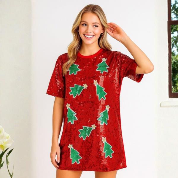 SEQUIN CHRISTMAS TREE SHORT SLEEVE JERSEY TOP