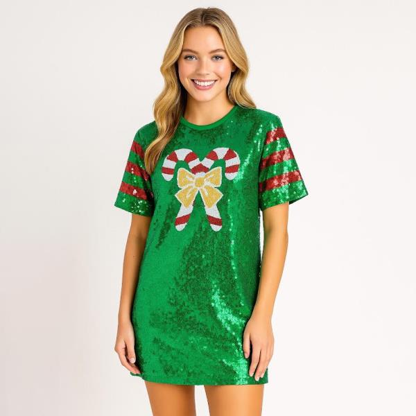 SEQUIN CHRISTMAS CANDY CANE BOW SHORT SLEEVE JERSEY TOP - XL SIZE
