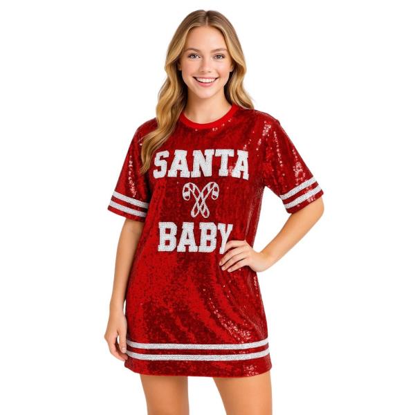 SEQUIN CHRISTMAS SANTA BABY CANDY CANE SHORT SLEEVE JERSEY TOP
