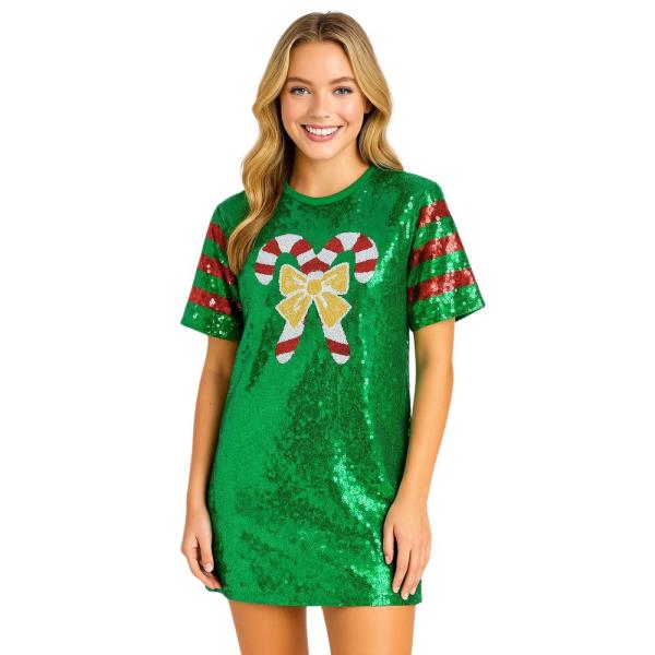 SEQUIN CHRISTMAS CANDY CANE BOW SHORT SLEEVE JERSEY TOP