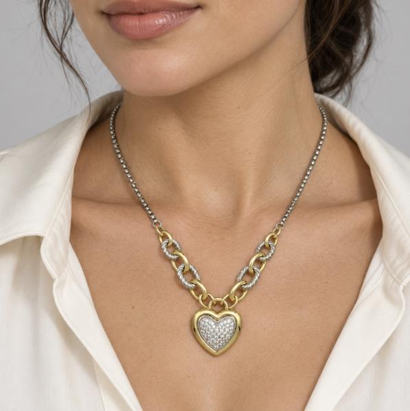 PAVE CZ TWO TONE LINK HEART PENDANT NECKLACE