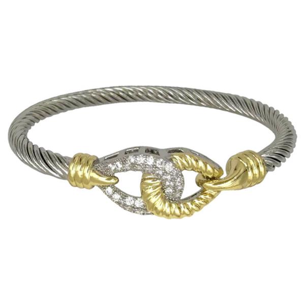 Two Tone Cable CZ Pave Knot Hook Bangle Bracelet