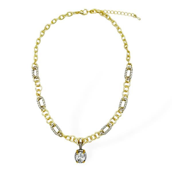 Two Tone Chain Oval Crystal Pendant Necklace