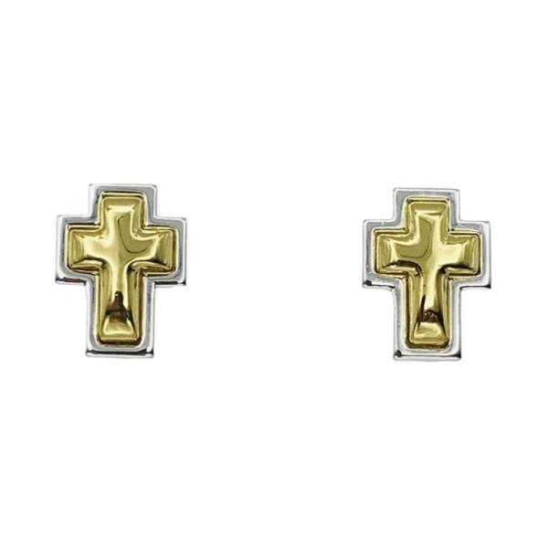 TWO TONE METAL LAYERED CROSS STUD EARRING