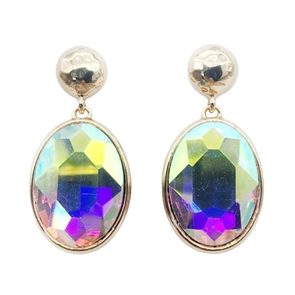 CRYSTAL STONE HAMMERED METAL OVAL DANGLE EARRING