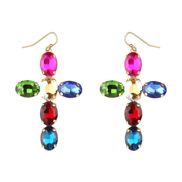 RHINESTONE CROSS FISH HOOK EARRING
