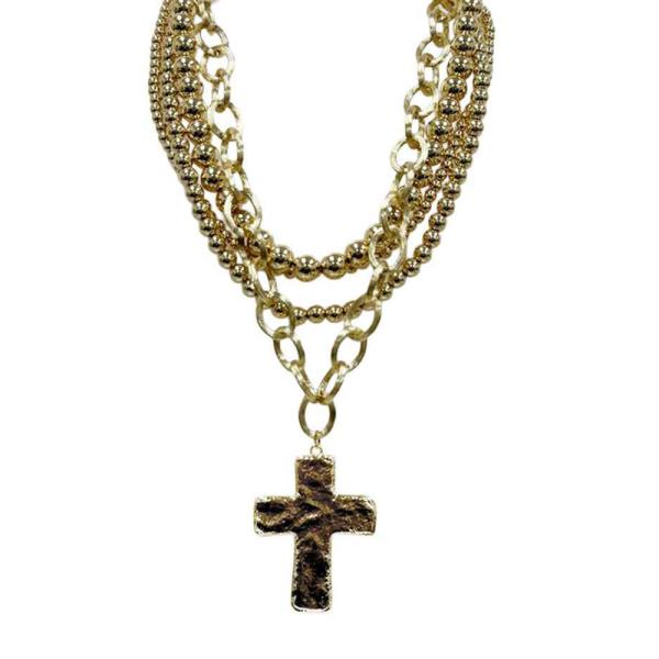 Multi Strand Bead Cross Pendant Necklace