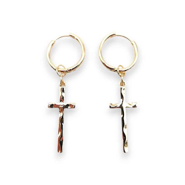 HUGGIE W/HAMMERED CROSS DROP EARRING