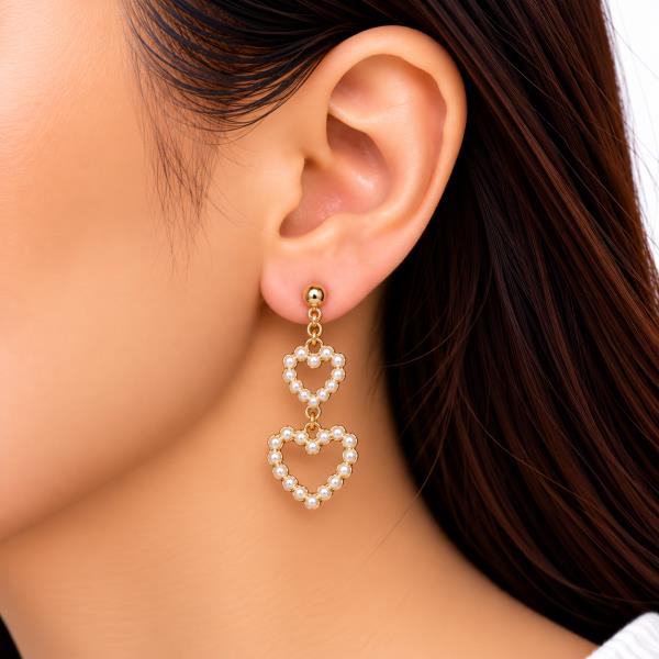 Pearl Double Heart Drop Earring