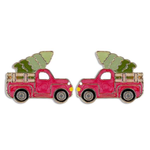 Christmas Metal Enamel Tree Truck Earring
