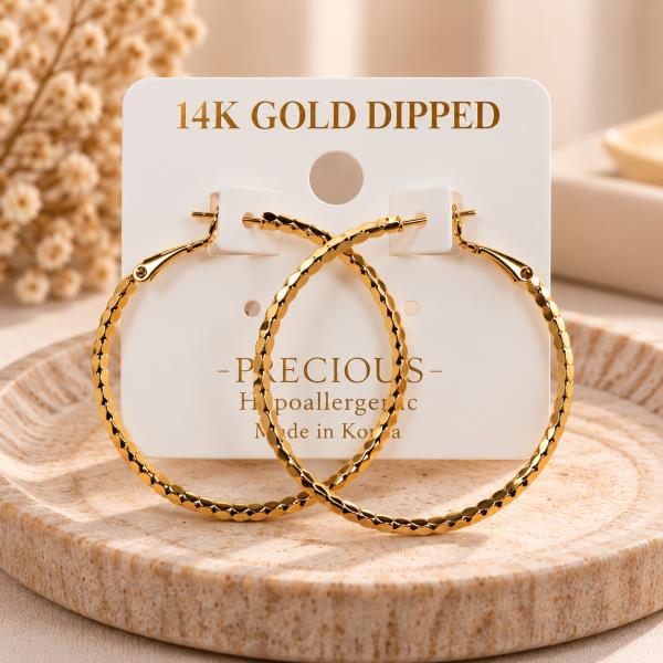 14K GOLD DIPPED HYPOALLERGENIC FACETED ROUND HOOP EARRING