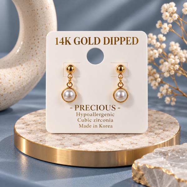14K Gold Dipped CZ Bezel Pearl Dangle Earring