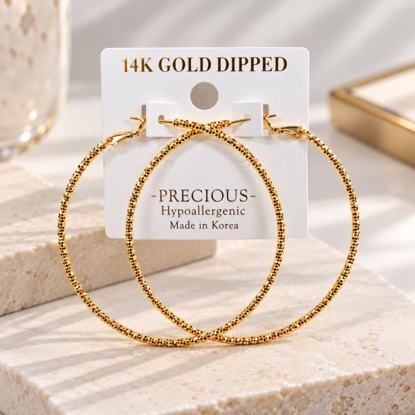 14K GOLD DIPPED HYPOALLERGENIC RIDGED ROUND HOOP EARRING