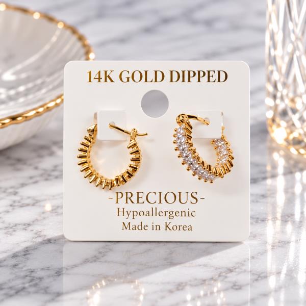 14K Gold Dipped Rhinestone Double Row Earring
