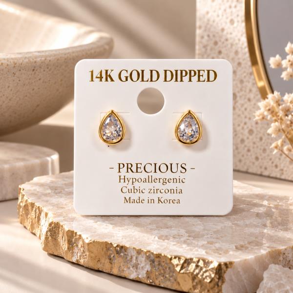 14K Gold Dipped CZ Bezel Teardrop Stud Earring