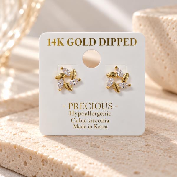 14K Gold Dipped CZ Leaf Wreath Stud Earring