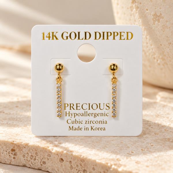 14K Gold Dipped CZ Pave Bar Dangle Earring