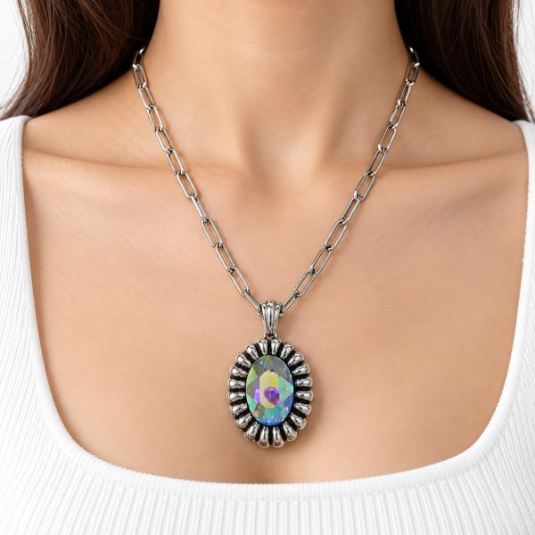 Western Oval Faceted Stone Pendant Chain Necklace