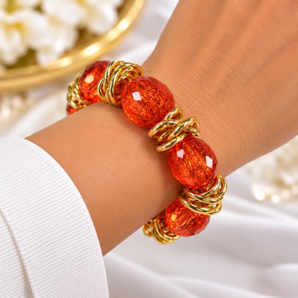 FACETED OVAL BEAD TWISTED METAL SPACER STRETCH BRACELET