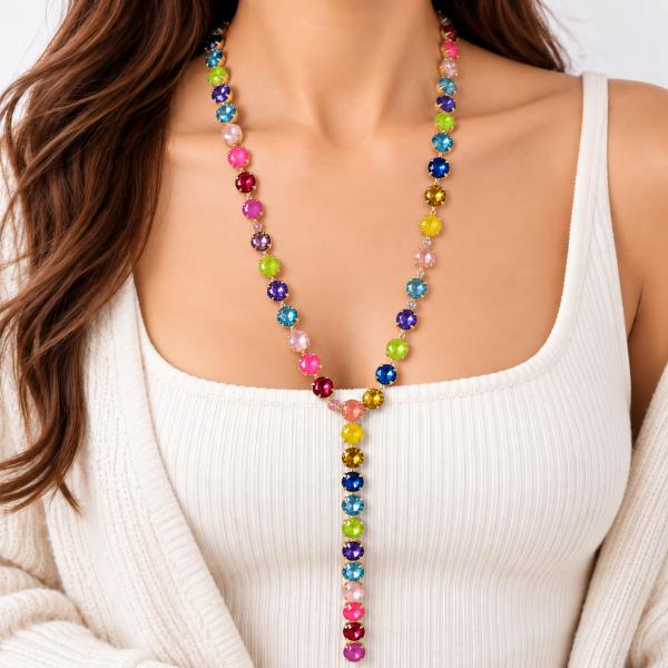 Crystal Stone Round Lariat Long Necklace