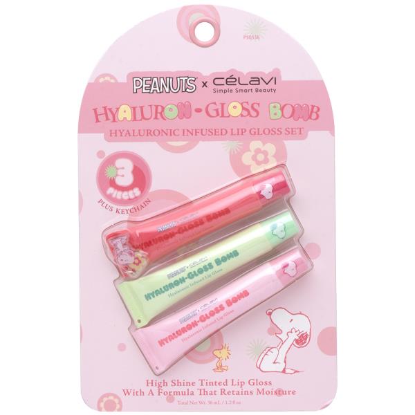 CELAVI X PEANUTS HYALURONIC INFUSED 3PC LIP GLOSS SET PLUS KEYCHAIN