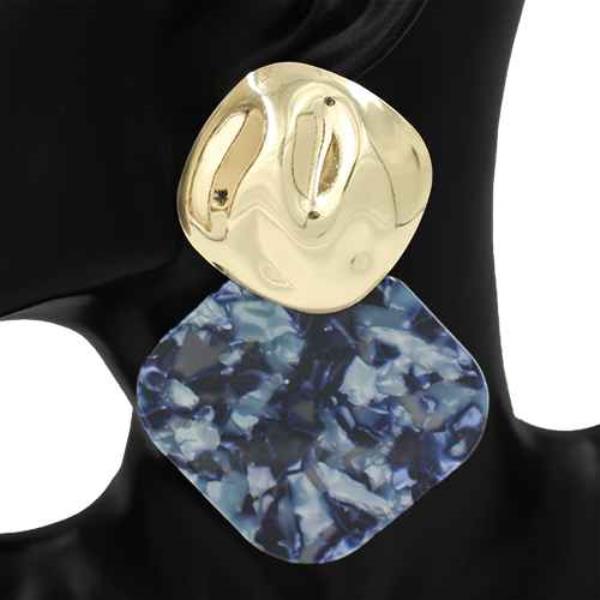 METAL WAVY DISC TOP MARBLED DIAMOND DANGLE EARRING