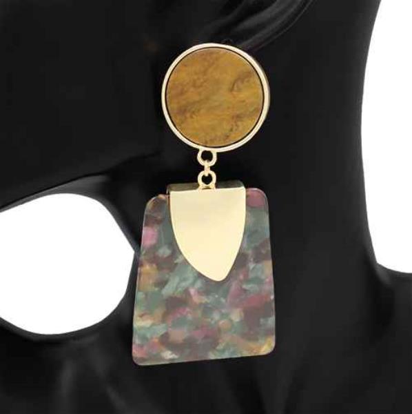 METAL ACCENT ROUND TOP TRAPEZOID DANGLE EARRING
