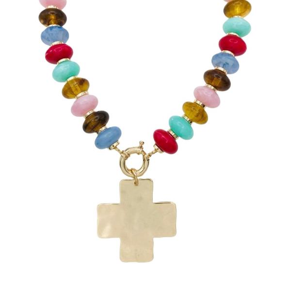 Marbled Bead Metal Cross Pendant Necklace
