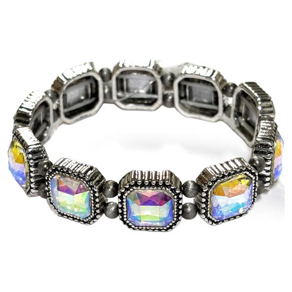 METAL CRYSTAL STONE SQUARE LINK STRETCH BRACELET