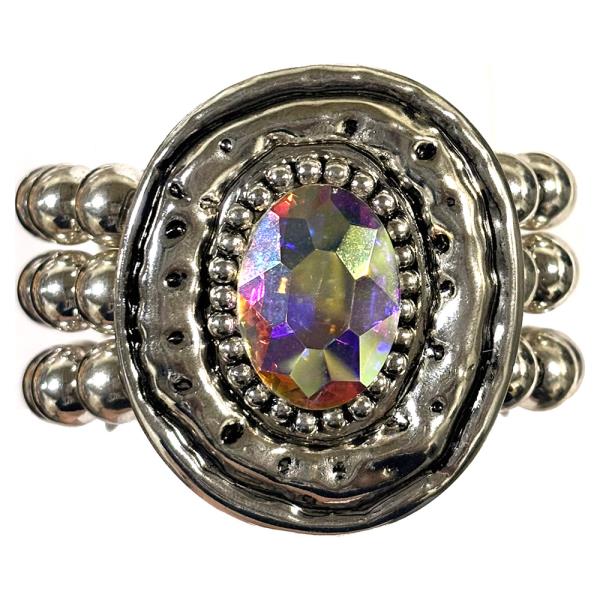 METAL CRYSTAL STONE WESTERN OVAL THREE ROW BEADED STRETCH BRACELET