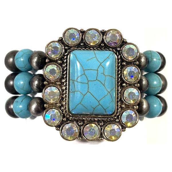 CRYSTAL STONE HALO WESTERN RECTANGLE THREE ROW BEADED STRETCH BRACELET
