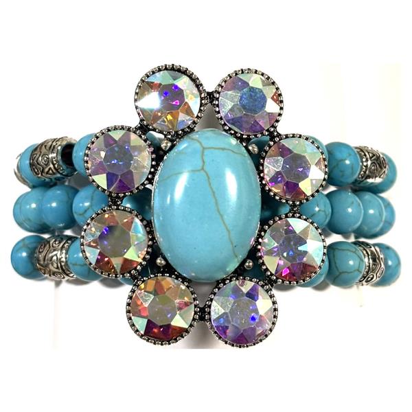 CRYSTAL STONE WESTERN OVAL FLOWER THREE ROW BEADED STRETCH BRACELET