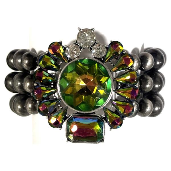 CRYSTAL STONE RADIATING OVAL THREE ROW BEADED STRETCH BRACELET