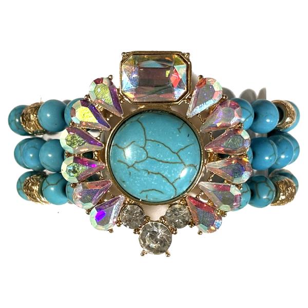 CRYSTAL STONE RADIATING OVAL THREE ROW BEADED STRETCH BRACELET