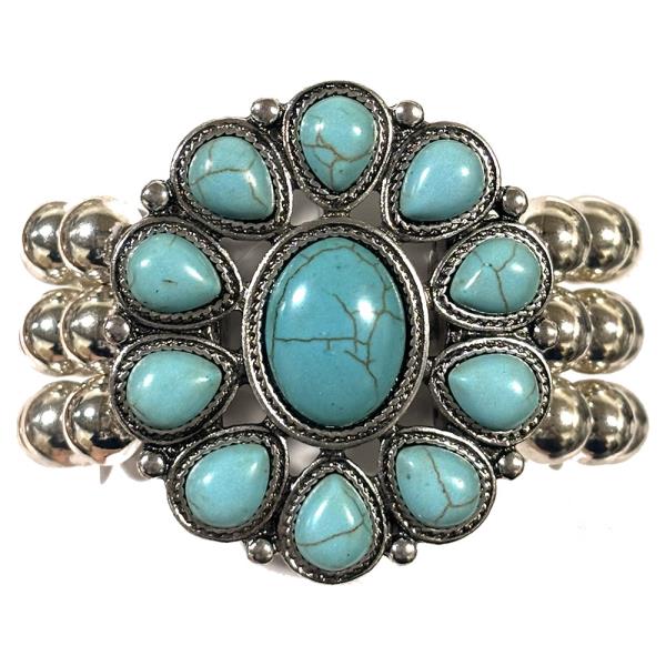 CRYSTAL STONE WESTERN TEARDROP PETAL FLOWER THREE ROW BEADED STRETCH BRACELET