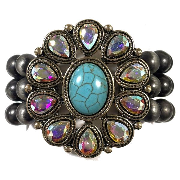 CRYSTAL STONE WESTERN TEARDROP PETAL FLOWER THREE ROW BEADED STRETCH BRACELET