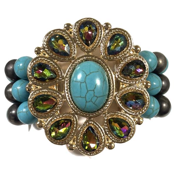 CRYSTAL STONE WESTERN TEARDROP PETAL FLOWER THREE ROW BEADED STRETCH BRACELET
