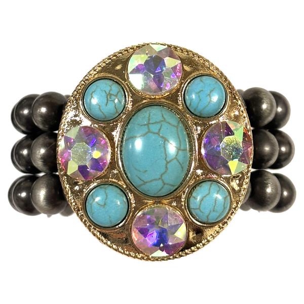 CRYSTAL STONE WESTERN OVAL MEDALLION THREE ROW BEADED STRETCH BRACELE