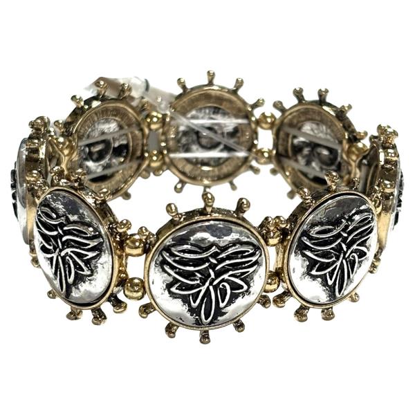 TWO TONE METAL LEAF OVAL LINK STRETCH BRACELET