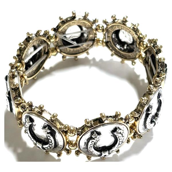 TWO TONE METAL WESTERN HORSESHOE OVAL LINK STRETCH BRACELET