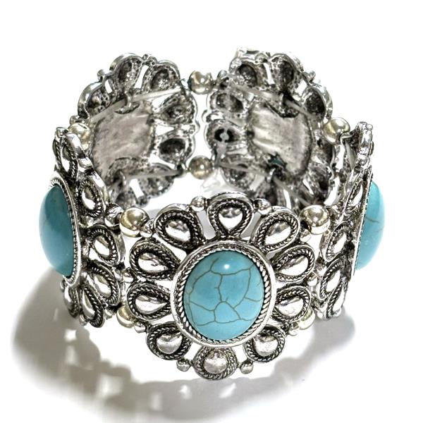 METAL WESTERN OVAL STONE FILIGREE STRETCH BRACELET