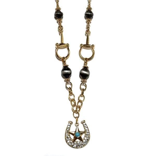 RHINESTONE BEAD WESTERN STAR HORSESHOE PENDANT NECKLACE