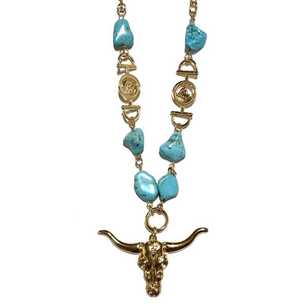 METAL STONE BEAD WESTERN BULL SKULL PENDANT NECKLACE