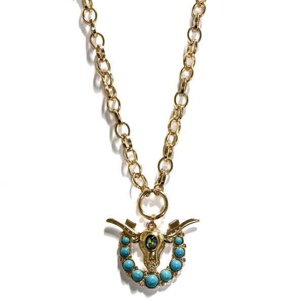 Stone Bead Bull Skull Horseshoe Pendant Necklace