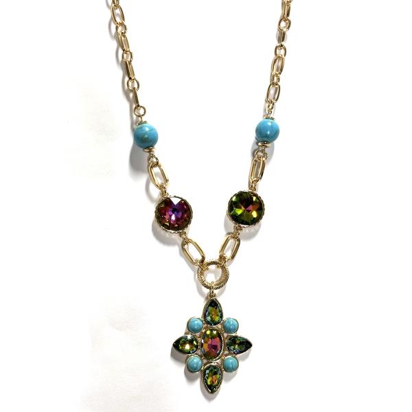 STONE BEAD CRYSTAL STONE WESTERN CROSS PENDANT CHAIN NECKLACE