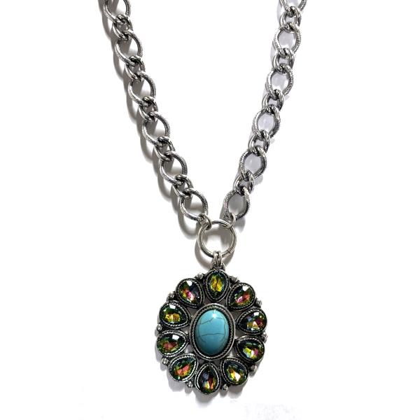 STONE CRYSTAL STONE WESTERN OVAL CONCHO PENDANT CHAIN NECKLACE