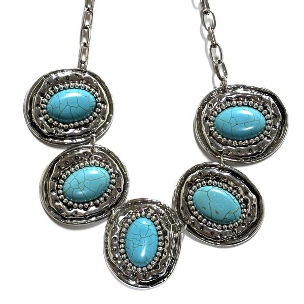 Crystal Stone Oval Stone Concho Link Necklace
