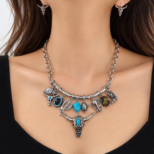 WESTERN MULTI CHARM BULL SKULL CACTUS COWBOY HAT LINK NECKLACE EARRING SET