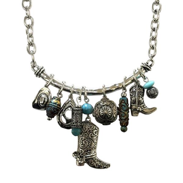 METAL BEAD WESTERN COWBOY BOOT HAT MULTI CHARM NECKLACE