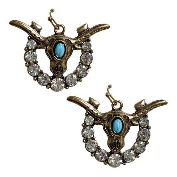 CRYSTAL STONE WESTERN BULL SKULL HORSESHOE DANGLE EARRING